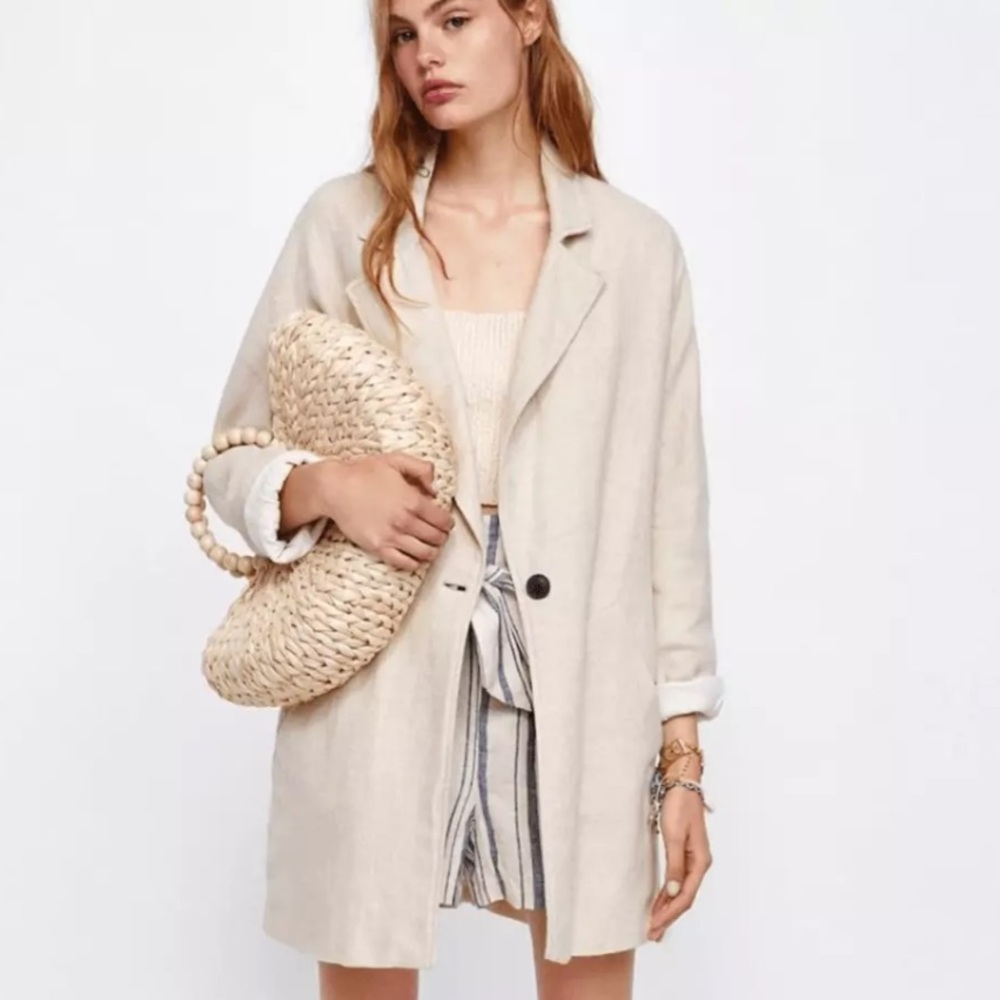 ZARA LINEN RUSTIC SAND CREAM OVERSIZED BLAZER size S - Picture 1 of 10